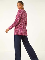 Roman Pink Floral Tie Front Stretch Blouse - Image 3 of 5