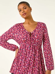 Roman Pink Floral Tie Front Stretch Blouse - Image 4 of 5