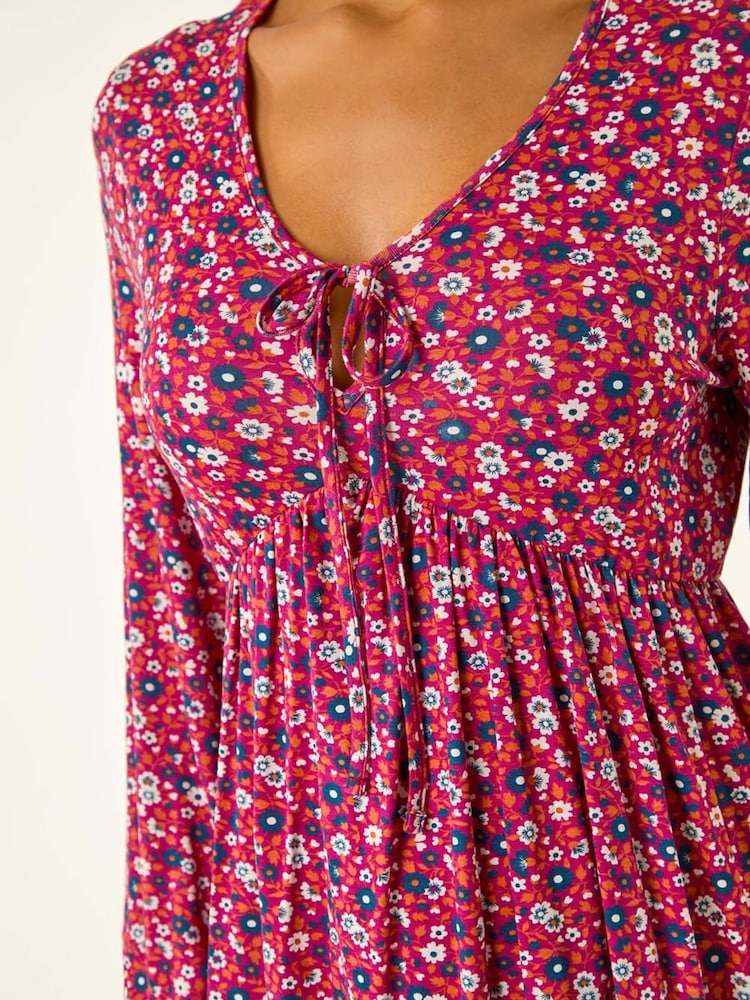 Roman Pink Floral Tie Front Stretch Blouse - Image 5 of 5