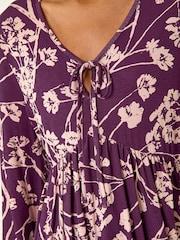 Roman Purple Floral Print Tie Front Stretch Blouse - Image 1 of 5