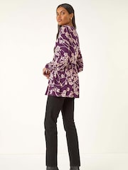 Roman Purple Floral Print Tie Front Stretch Blouse - Image 3 of 5
