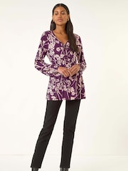 Roman Purple Floral Print Tie Front Stretch Blouse - Image 4 of 5