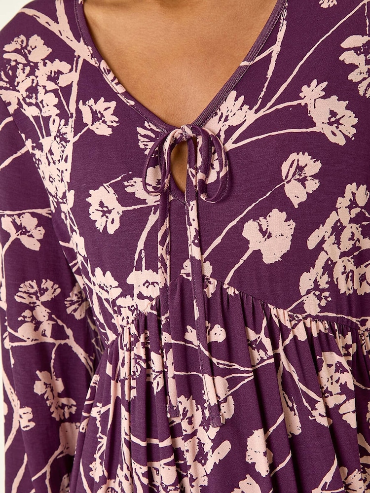 Roman Purple Floral Print Tie Front Stretch Blouse - Image 5 of 5 Roman Purple Floral Print Tie Front Stretch Blouse - Image 5 of 5