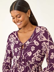 Roman Purple Floral Print Tie Front Stretch Blouse - Image 5 of 5