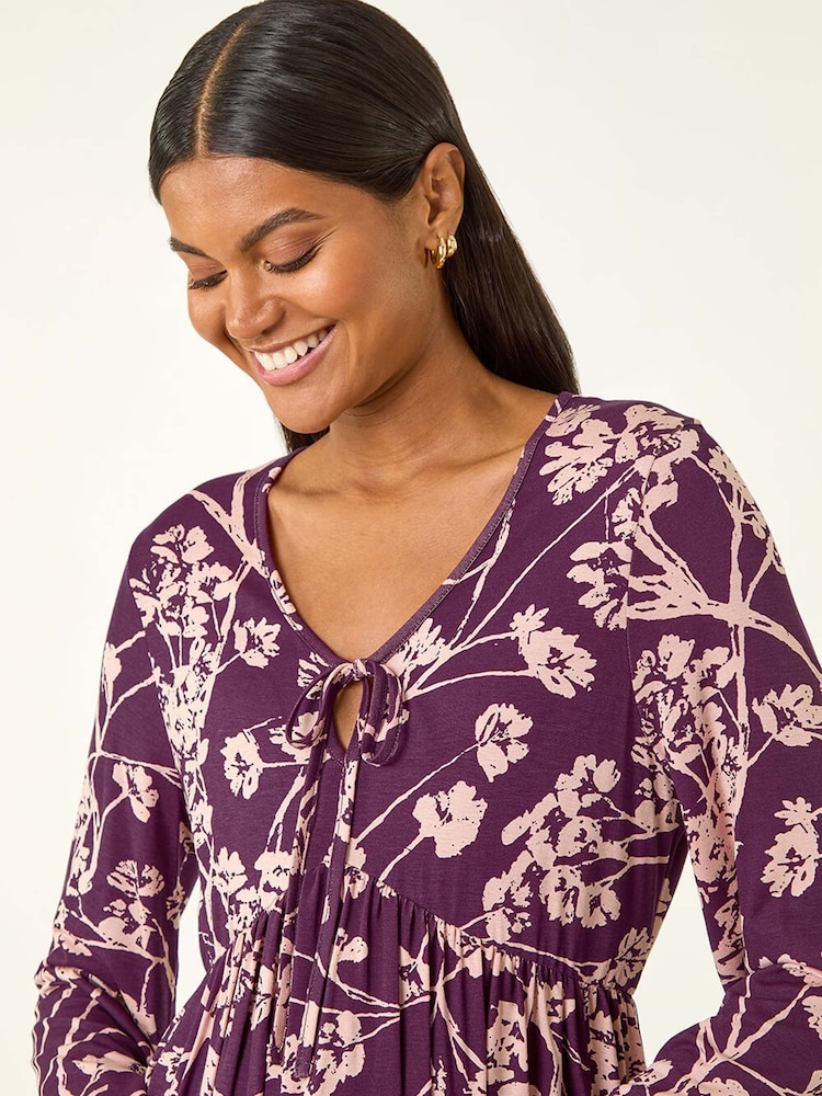 Roman Purple Floral Print Tie Front Stretch Blouse - Image 5 of 5 Roman Purple Floral Print Tie Front Stretch Blouse - Image 5 of 5