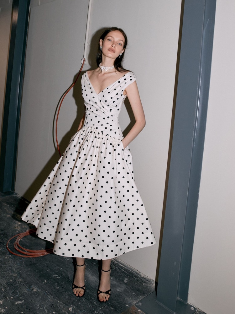 Self-Portrait Cream Polka Dot Cotton Midi Dress - Image 7 of 7