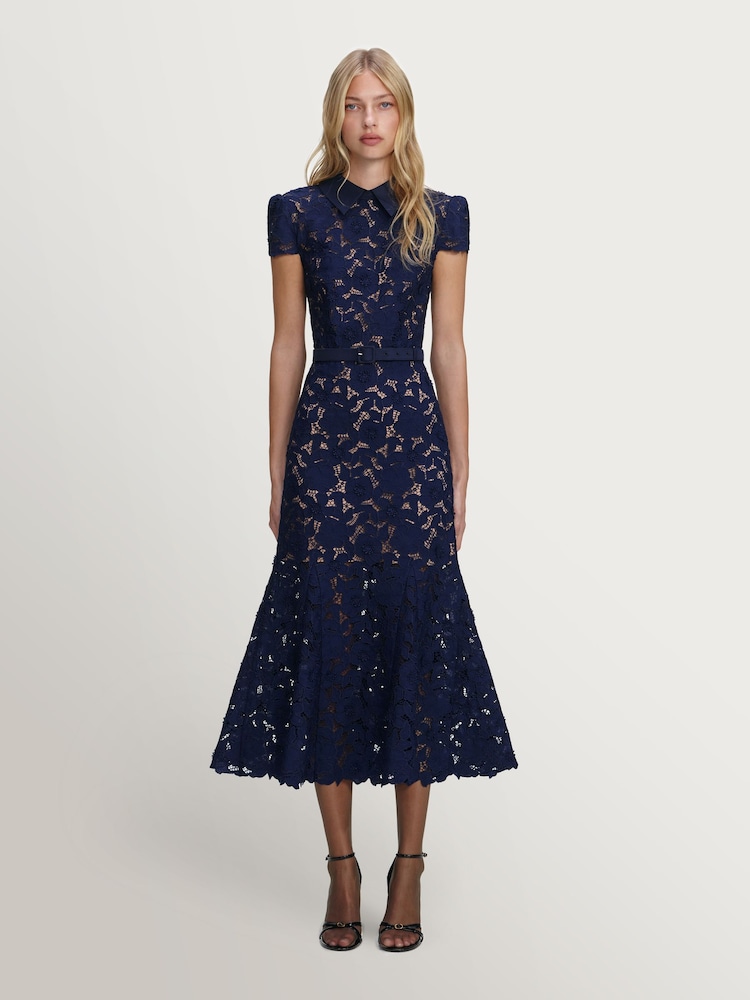 Self-Portrait Navy Guipure Lace Midi Dress - Image 1 of 4