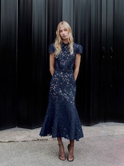 Self-Portrait Navy Guipure Lace Midi Dress - Image 6 of 6