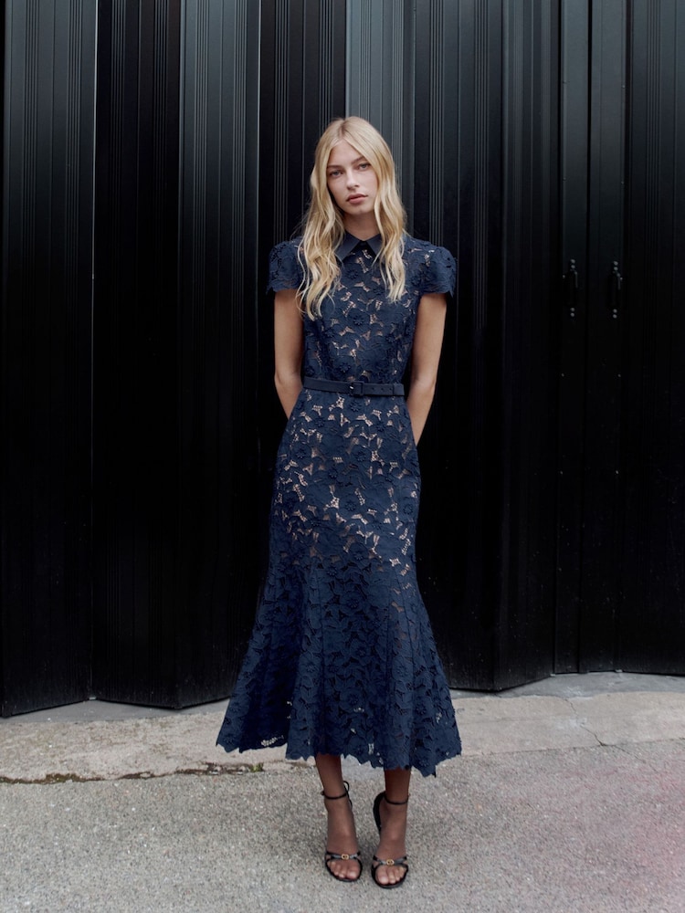 Self-Portrait Navy Guipure Lace Midi Dress - Image 6 of 6