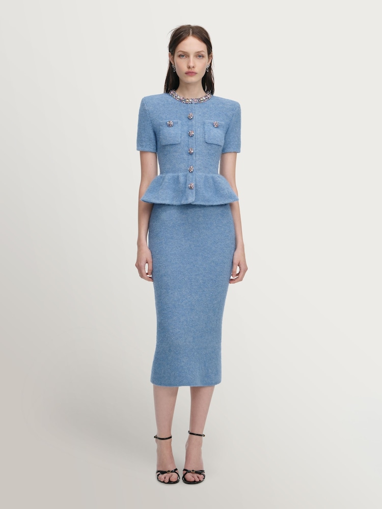 Self-Portrait Blue Peplum Knit Midi Dress - Image 1 of 5 Self-Portrait Blue Peplum Knit Midi Dress - Image 1 of 5