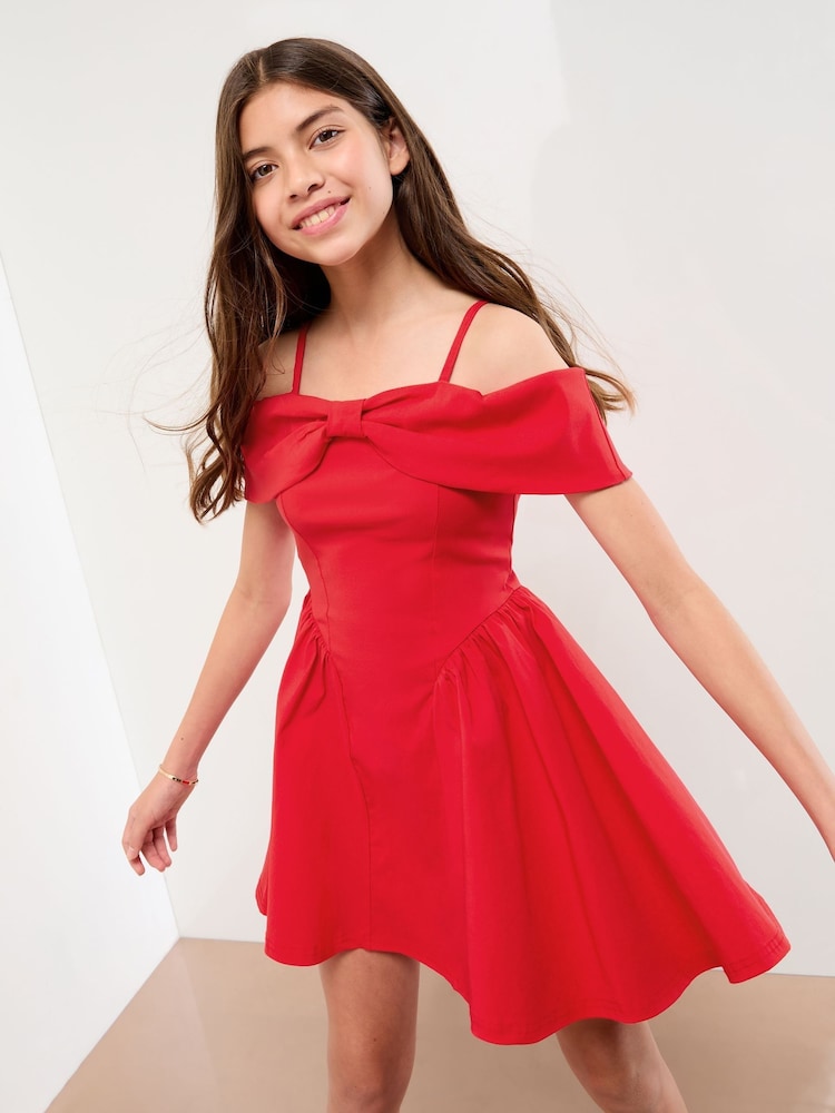 Lipsy Red Teen Bow Bardot Dress (10-16yrs) - Image 1 of 4 Lipsy Red Teen Bow Bardot Dress (10-16yrs) - Image 1 of 4