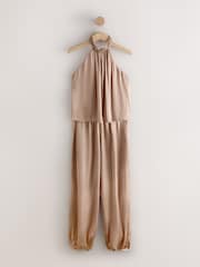 Mink Brown Satin Halter Balloon Leg Jumpsuit - Image 5 of 7