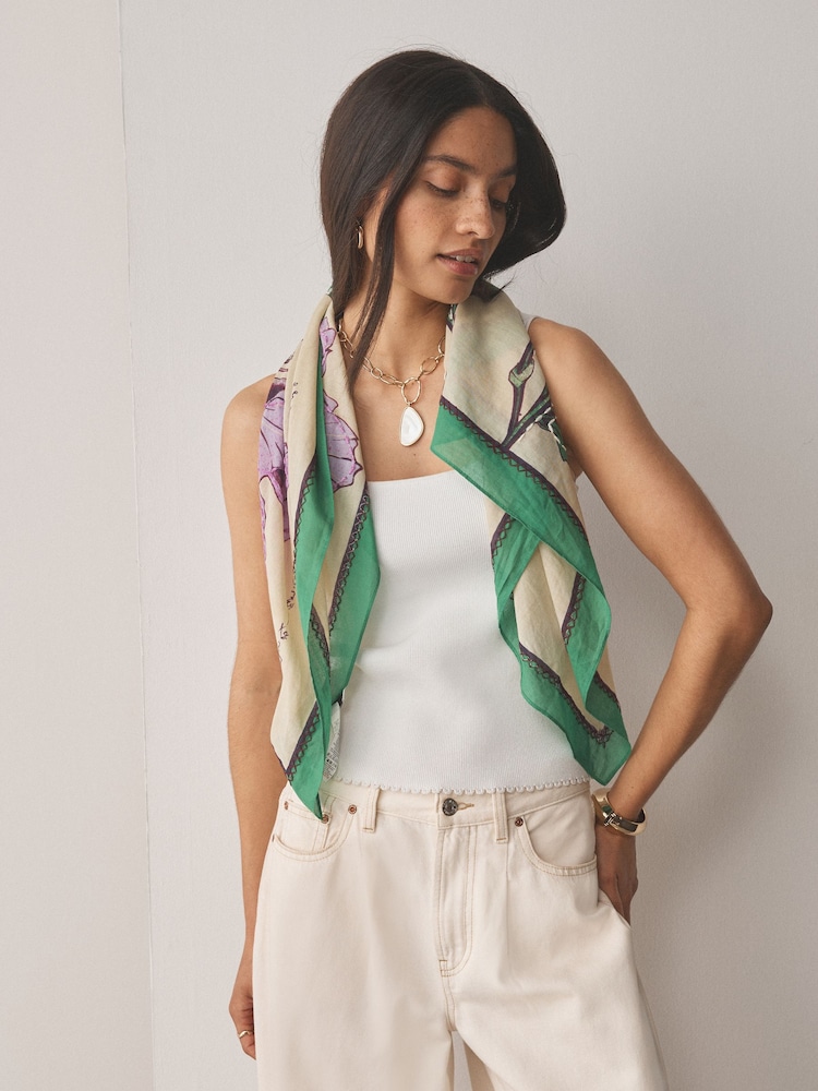 Green Floral Square Lightweight Scarf - Image 1 of 9