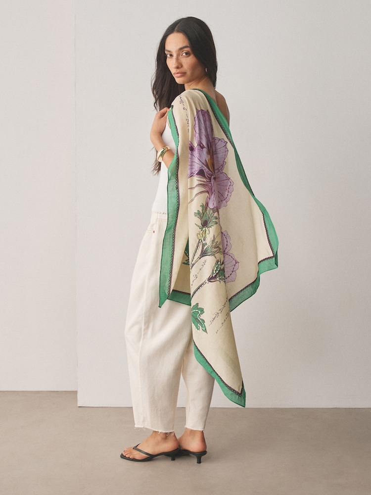 Green Floral Square Lightweight Scarf - Image 2 of 9