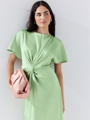 Sage Green Textured Satin Short Sleeve Twist Front Midi Dress - Image 4 of 7