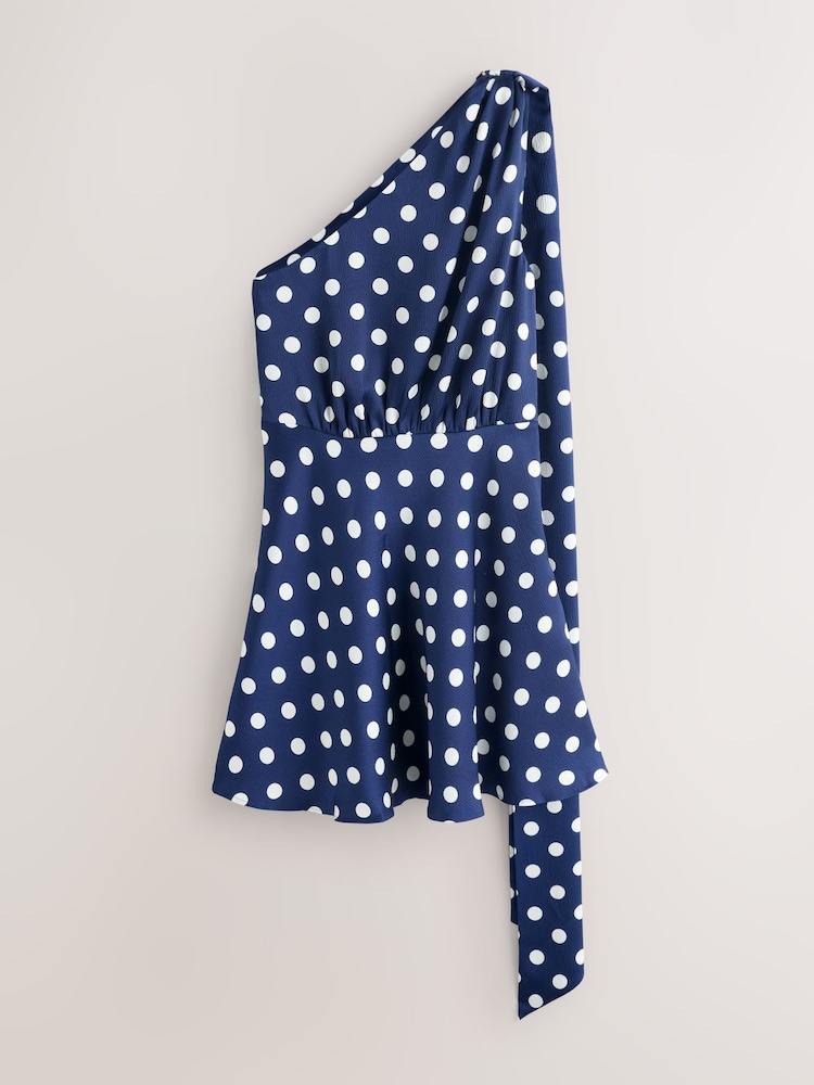 Navy Blue Spot Textured Satin Halter Sleeveless Mini Dress - Image 1 of 3