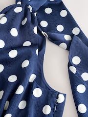 Navy Blue Spot Textured Satin Halter Sleeveless Mini Dress - Image 2 of 3