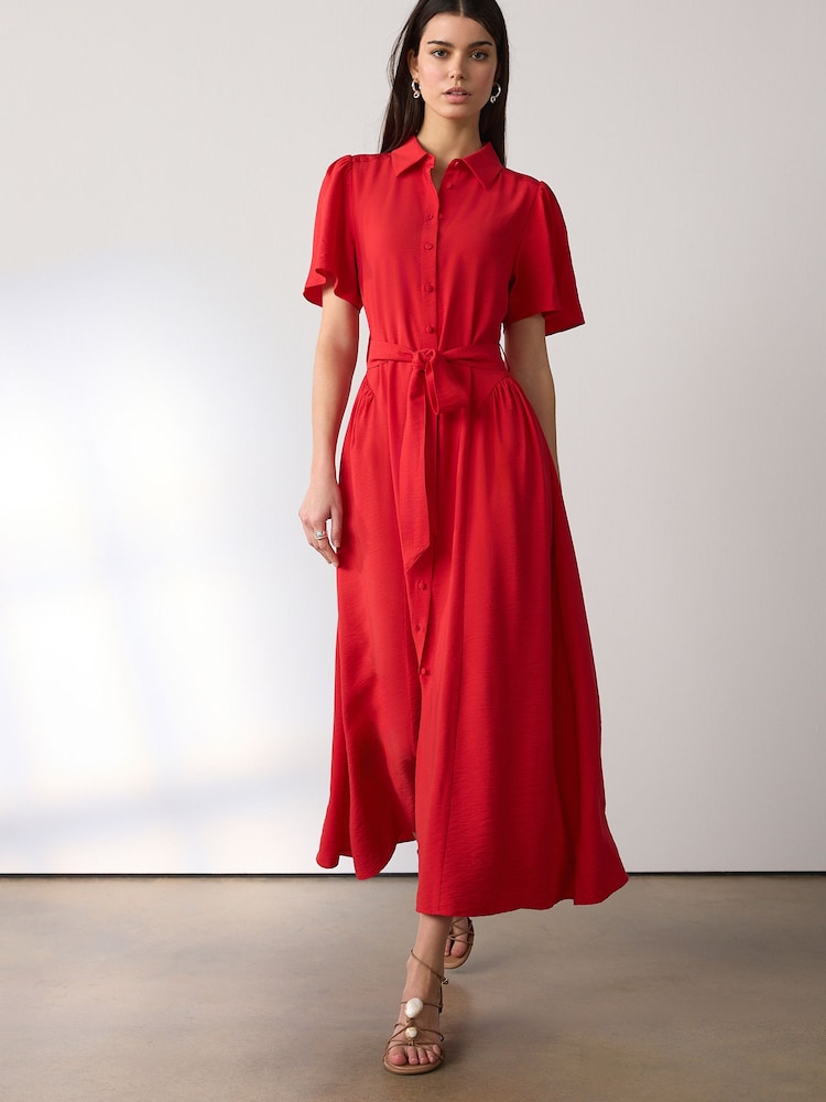 Red Short Sleeve Midi Cinched Hip Shirt Dress - Image 1 of 7 Red Short Sleeve Midi Cinched Hip Shirt Dress - Image 1 of 7