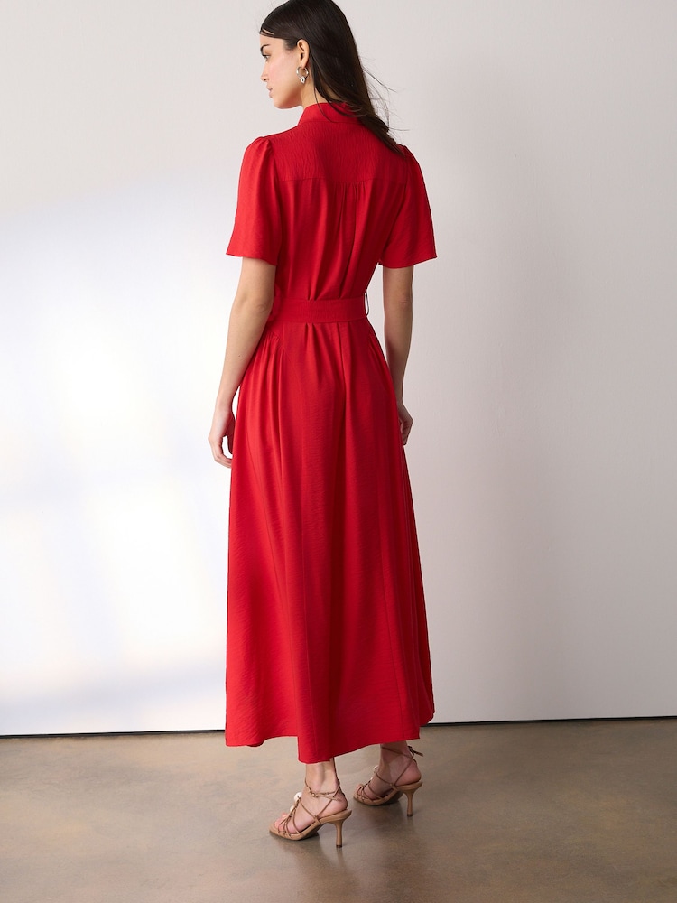 Red Short Sleeve Midi Cinched Hip Shirt Dress - Image 2 of 7 Red Short Sleeve Midi Cinched Hip Shirt Dress - Image 2 of 7