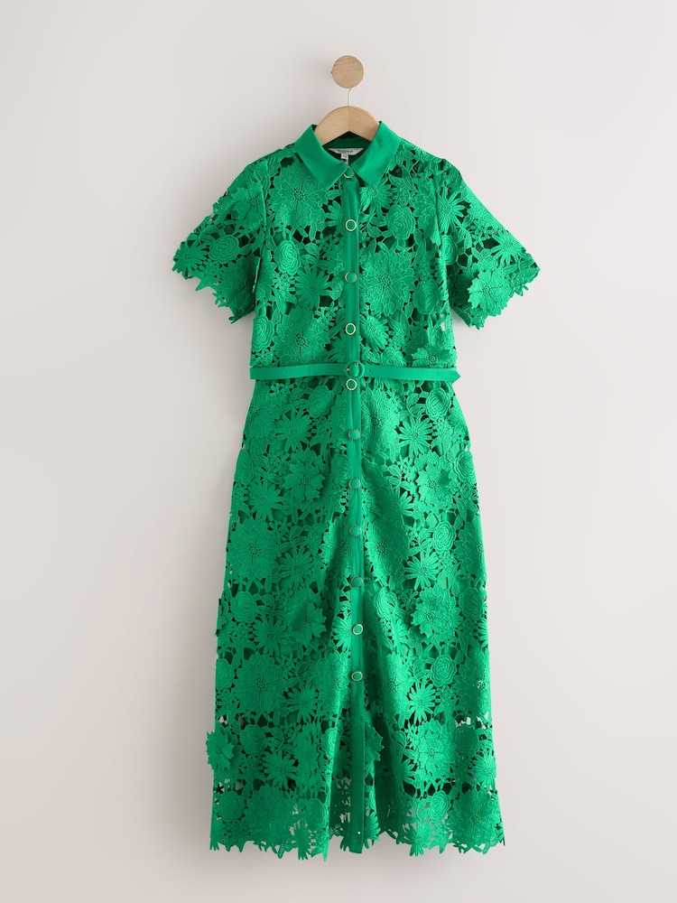 Vert - Short Sleeve Midi Lace Occasion Shirt Dress - Image 1 de 3
