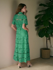 Green Short Sleeve Midi Lace Occasion Shirt Dress - Image 4 of 8