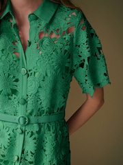 Green Short Sleeve Midi Lace Occasion Shirt Dress - Image 5 of 8