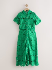 Green Short Sleeve Midi Lace Occasion Shirt Dress - Image 6 of 8