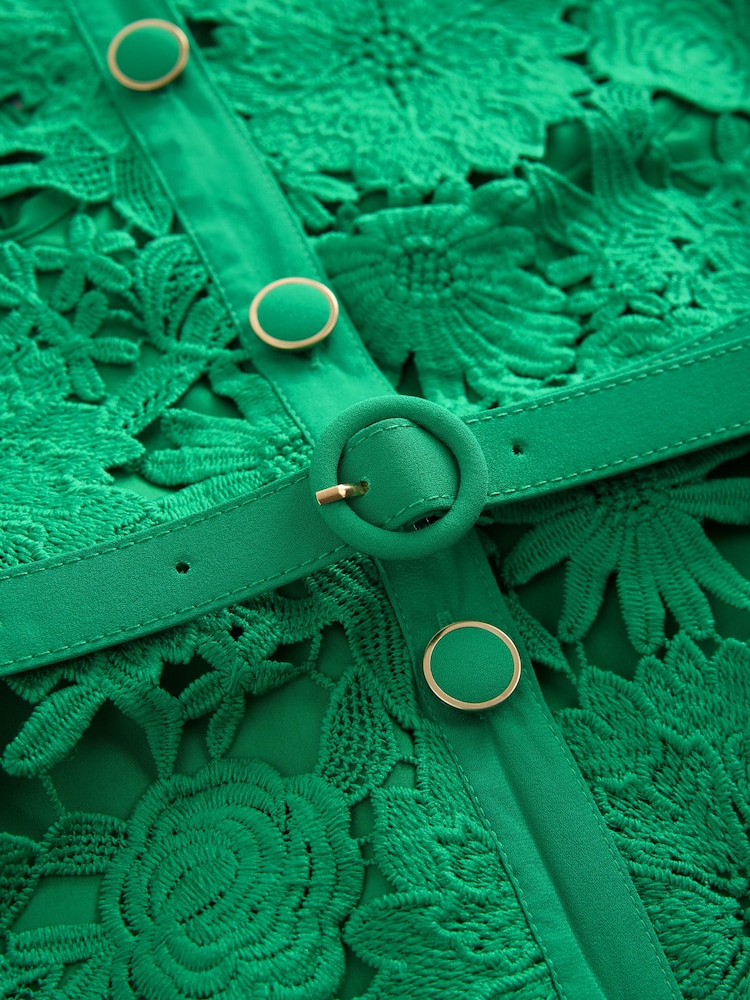 Green Short Sleeve Midi Lace Occasion Shirt Dress - Image 8 of 8