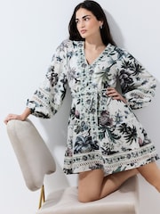 بيج فاتح طباعة زهور - National Trust X Next Bubblehem Tie Neck Sleeveless Top - Image 1 of 5