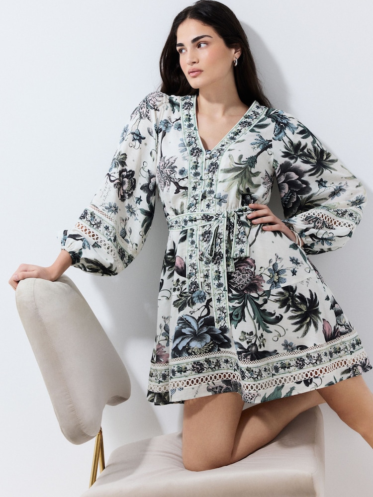بيج فاتح طباعة زهور - National Trust X Next Bubblehem Tie Neck Sleeveless Top - Image 1 of 5