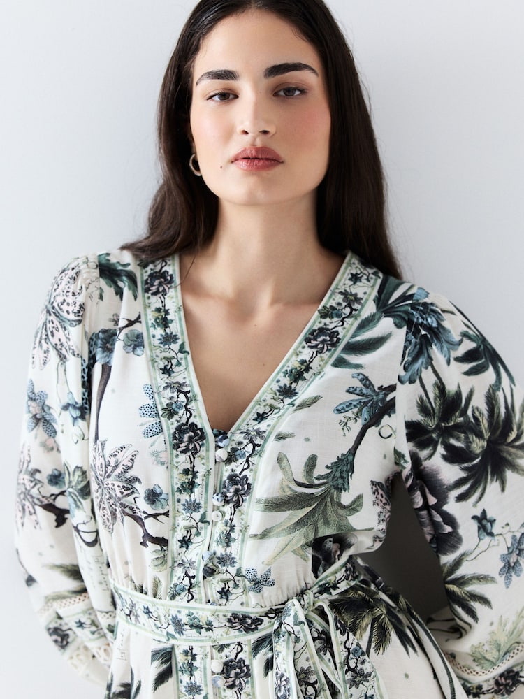 بيج فاتح طباعة زهور - National Trust X Next Bubblehem Tie Neck Sleeveless Top - Image 5 of 5