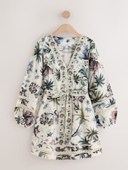 Ecru Floral Print Bubblehem Tie Neck Sleeveless Top - Image 6 of 8