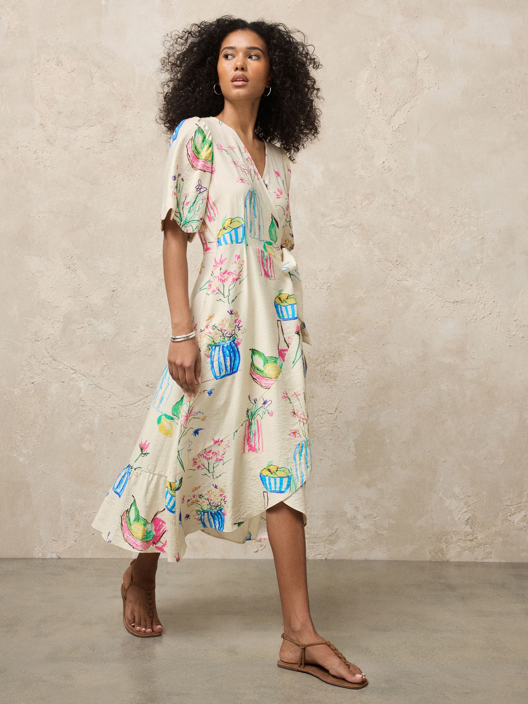 Buy Ecru Floral Scallop Sleeve Wrap Midi Dress from Next USA