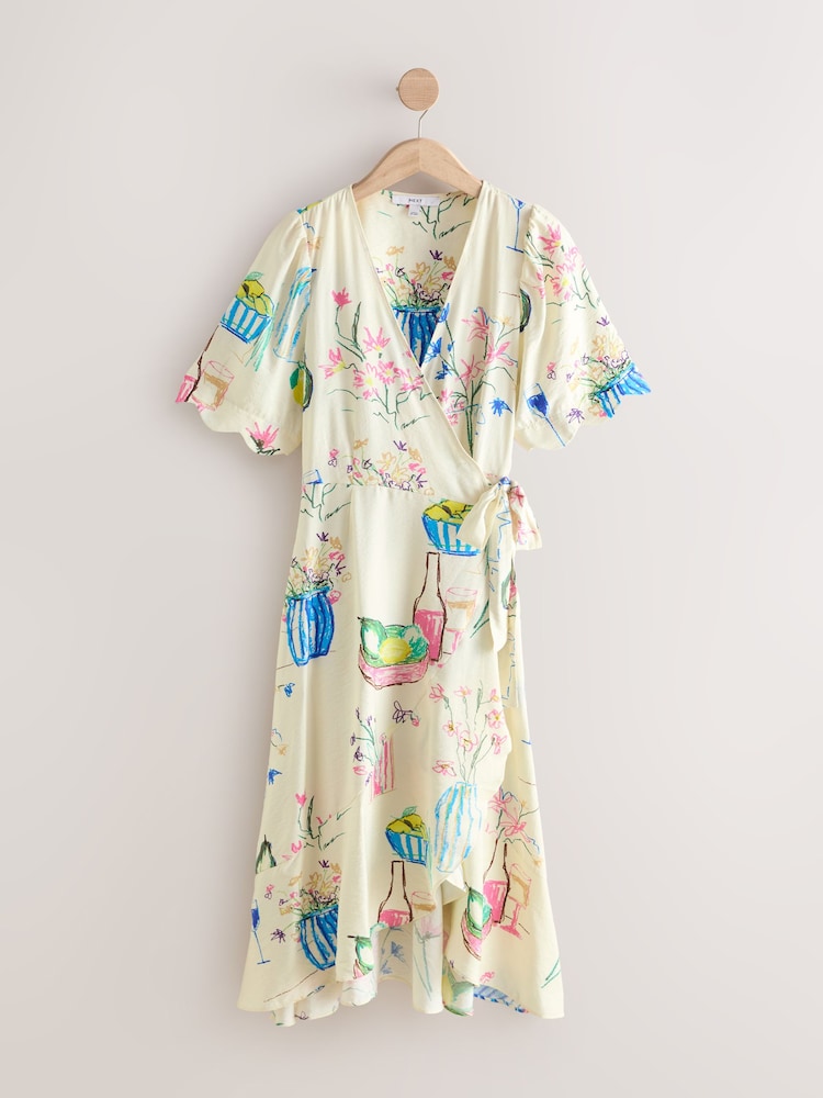 Ecru White Floral Printed - Scallop Sleeve Wrap Midi Dress - 3এর মধ্যে 1 ছবি