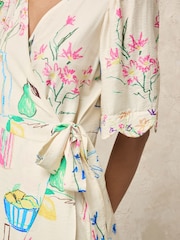 Ecru White Floral Printed Scallop Sleeve Wrap Midi Dress - Image 4 of 7