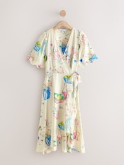 Ecru White Floral Printed Scallop Sleeve Wrap Midi Dress - Image 5 of 7