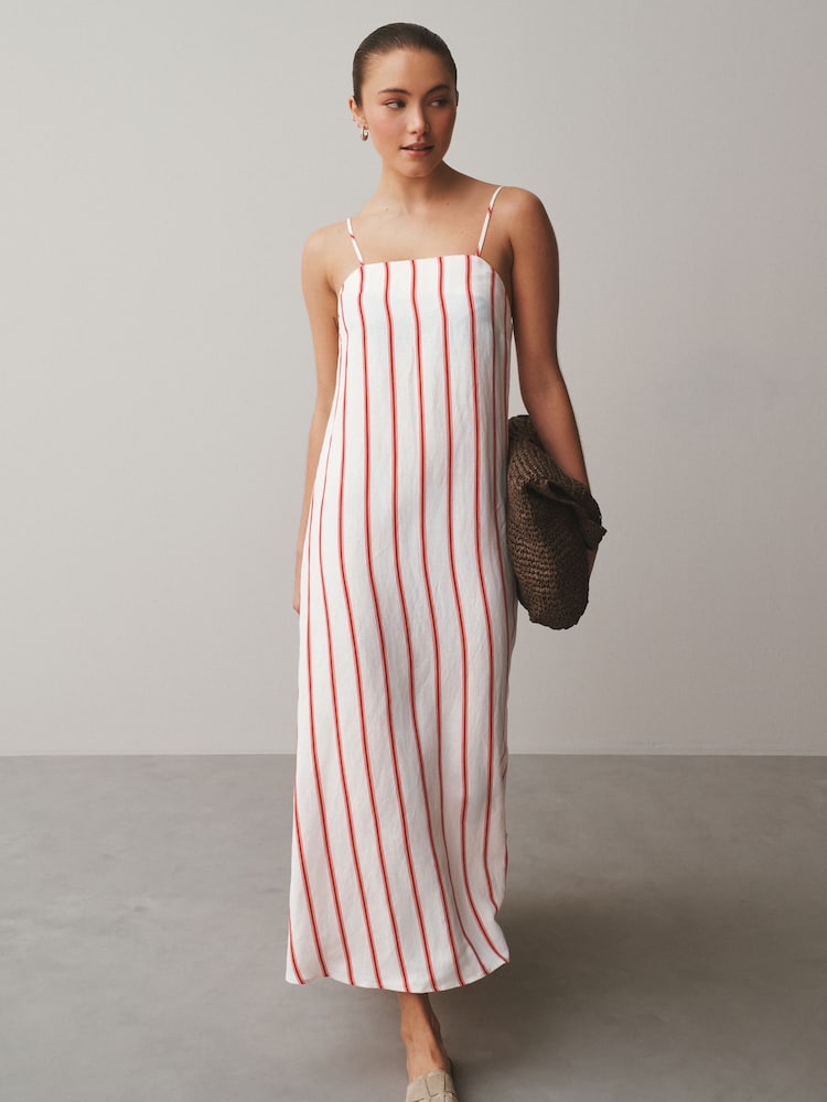 Red/White Stripe Linen Rich Square Neck Cami Midi Dress - Image 1 of 6 Red/White Stripe Linen Rich Square Neck Cami Midi Dress - Image 1 of 6