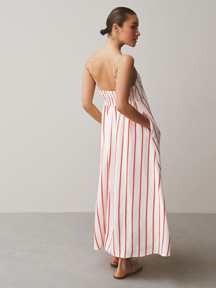 Red/White Stripe Linen Rich Square Neck Cami Midi Dress - Image 2 of 6 Red/White Stripe Linen Rich Square Neck Cami Midi Dress - Image 2 of 6