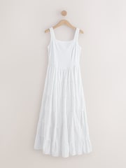 تطريز أبيض - فستان متوسط الطول محبوك مضلع بياقة مربعة بدون أكمام - صورة 1 من 3