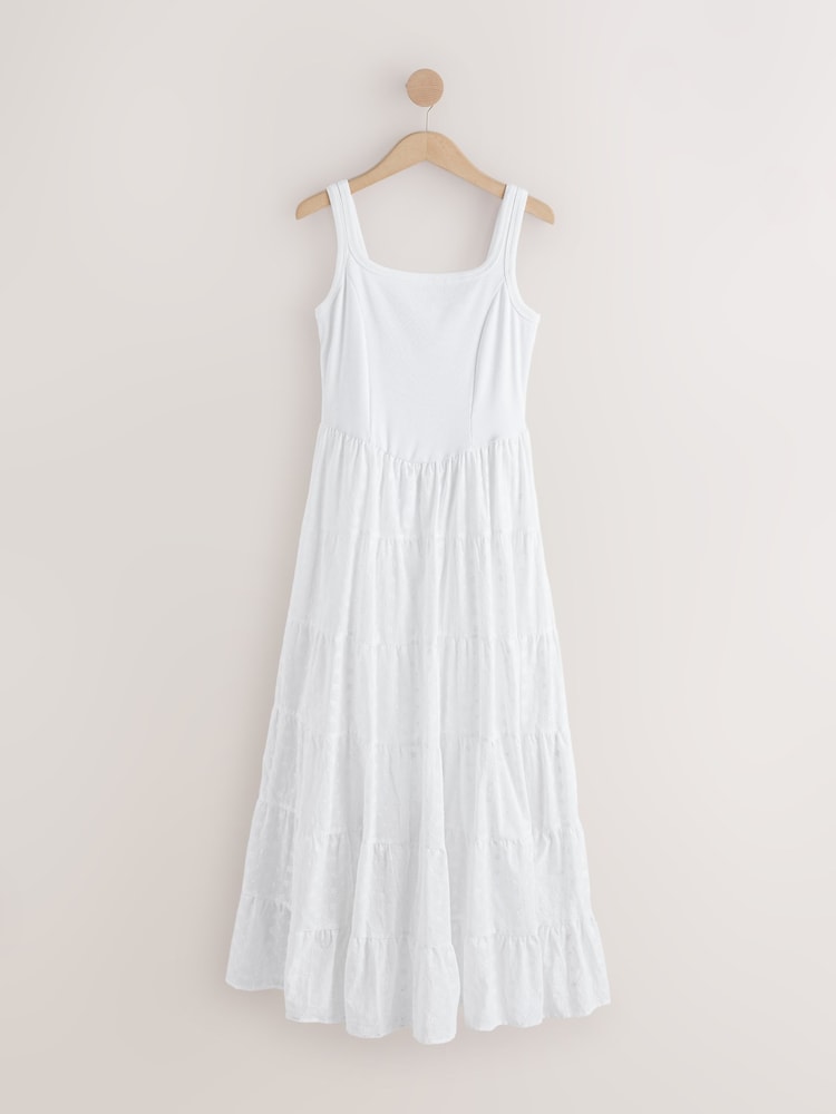 تطريز أبيض - فستان متوسط الطول محبوك مضلع بياقة مربعة بدون أكمام - صورة 1 من 3