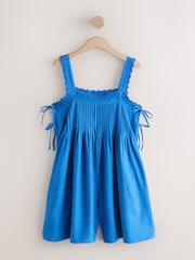 Cobalt Blue Sleeveless Lace Trim Playsuit with Linen - Image 1 of 3