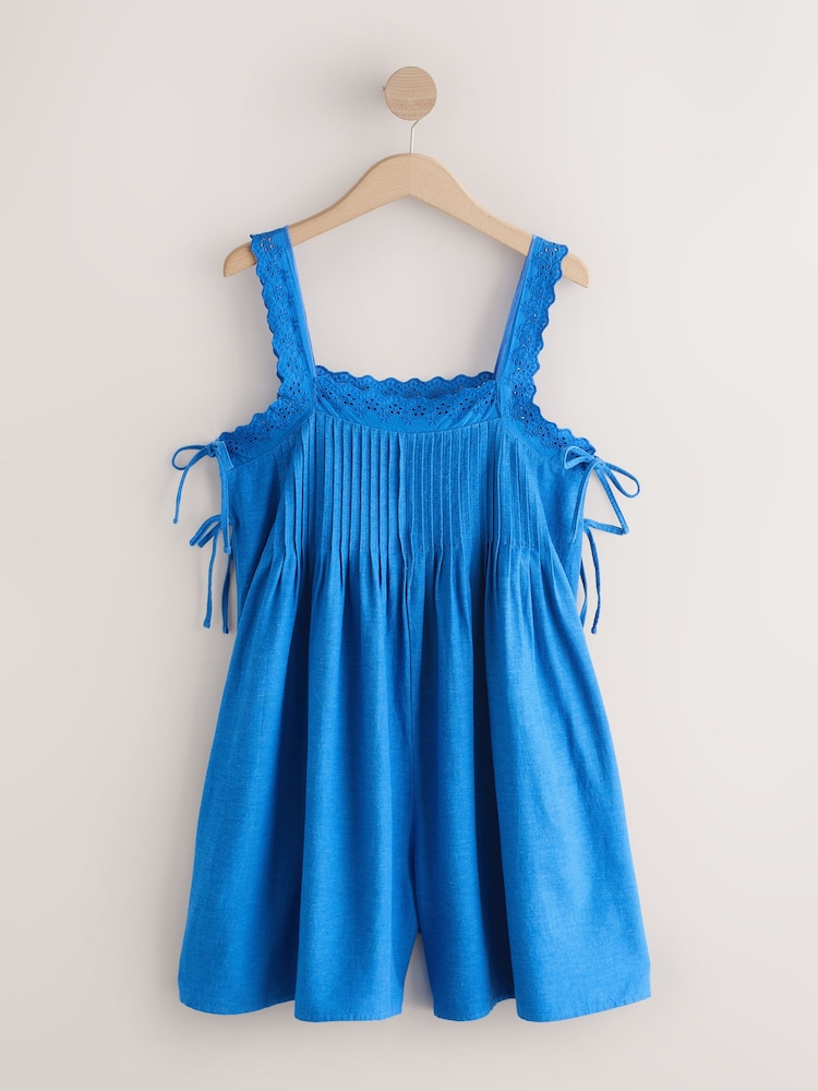 Cobalt Blue Sleeveless Lace Trim Playsuit with Linen - Image 1 of 3
