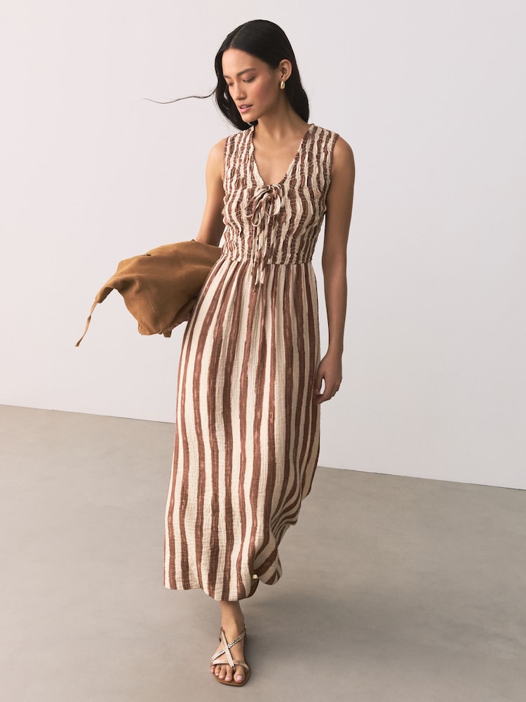 Chocolate Brown/Cream Stripe V-Neck Shirred Body Maxi Dress - Image 1 of 6
