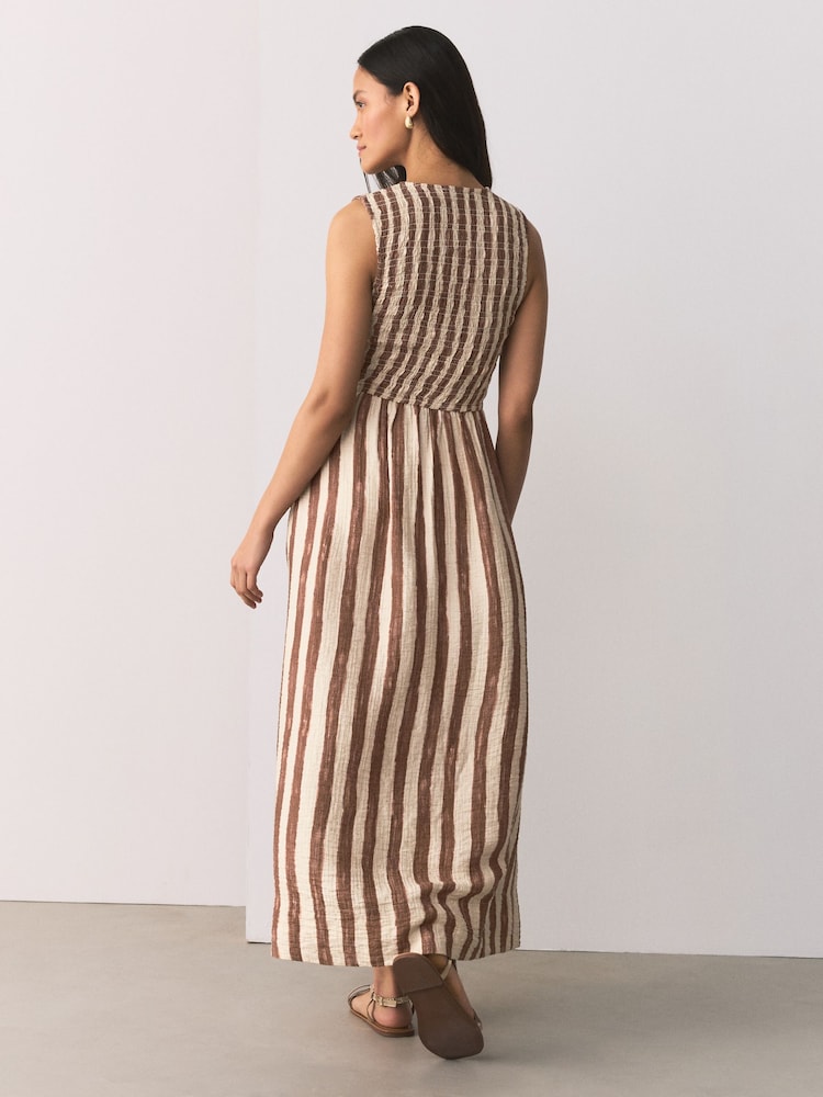Chocolate Brown/Cream Stripe V-Neck Shirred Body Maxi Dress - Image 2 of 6