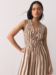 Chocolate Brown/Cream Stripe V-Neck Shirred Body Maxi Dress - Image 3 of 6