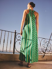 Green/ Yellow Stripe Halter Twist Neck Midi Dress - Image 3 of 5