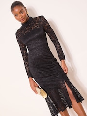 Lipsy Black High Neck Lace Flare Sleeve Midi Dress - Image 1 of 4