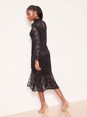 Lipsy Black High Neck Lace Flare Sleeve Midi Dress - Image 4 of 4