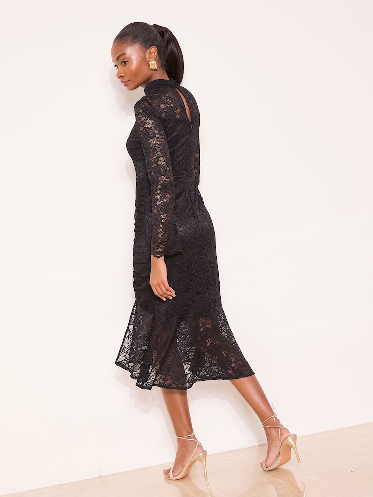 Lipsy Black High Neck Lace Flare Sleeve Midi Dress - Image 4 of 4