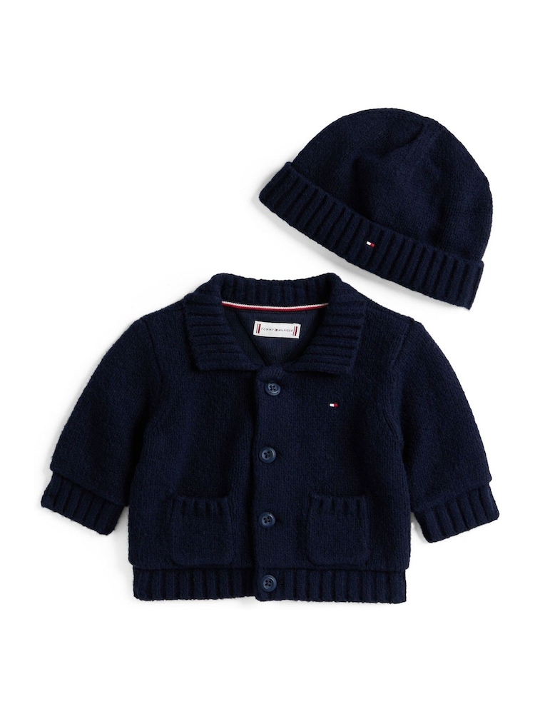 Tommy Hilfiger Blue Essential Cardigan and Beanie Gift Box - Image 1 of 2 Tommy Hilfiger Blue Essential Cardigan and Beanie Gift Box - Image 1 of 2